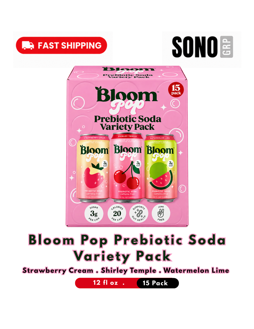 Bloom Pop Prebiotic Soda Variety Pack, 12 fl oz 15 PACK