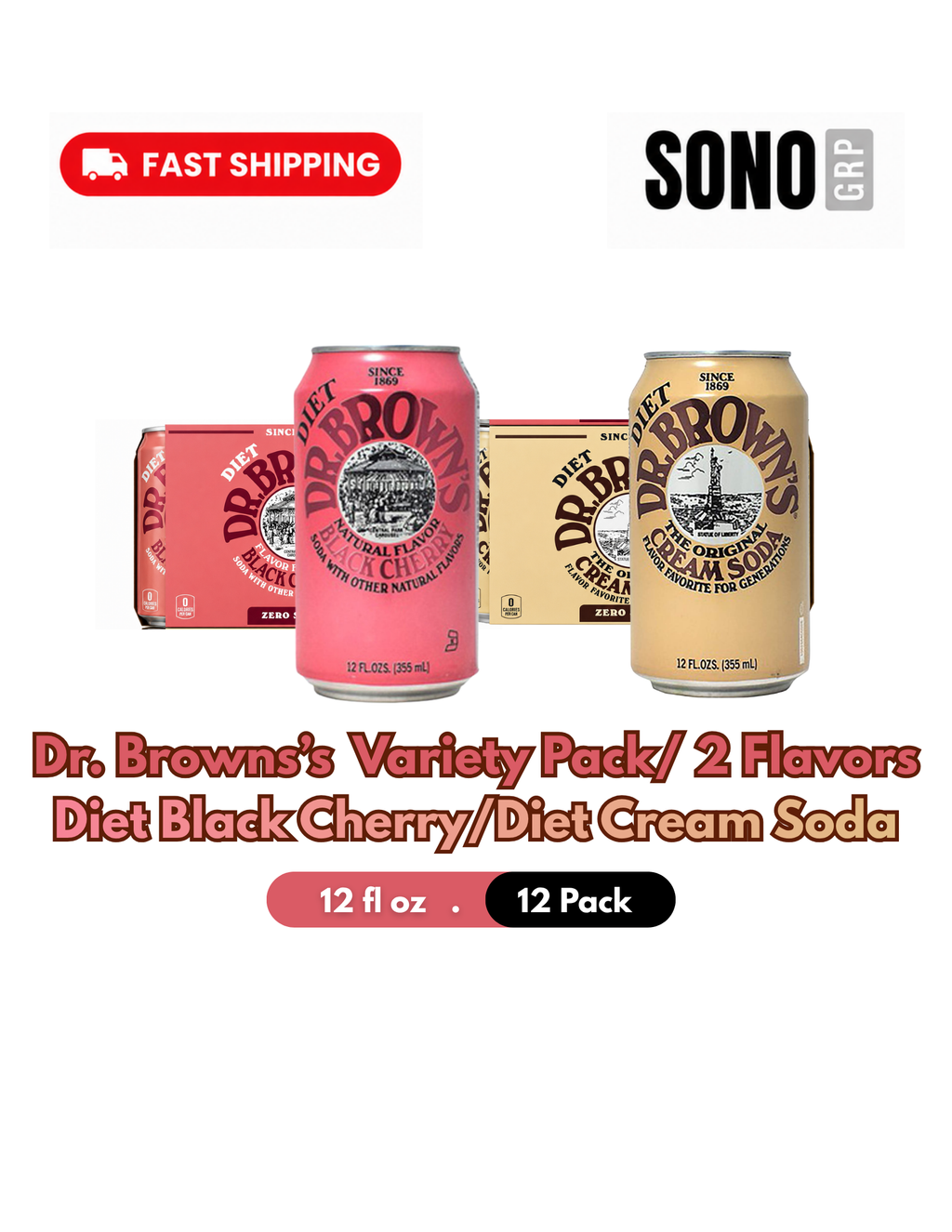Dr. Browns Soda 2 Variety (6) Diet Cream Soda and (6) Diet Black Cherry 12 fl oz Cans