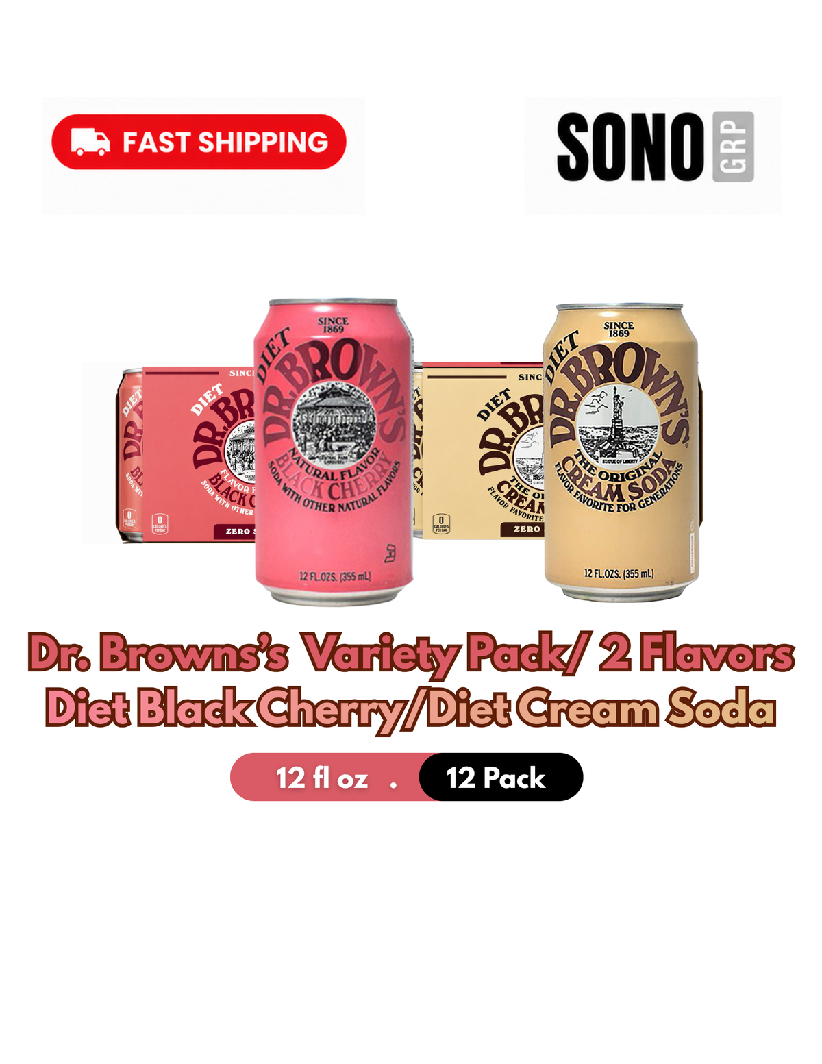 Dr. Browns Soda 2 Variety (6) Diet Cream Soda and (6) Diet Black Cherry 12 fl oz Cans