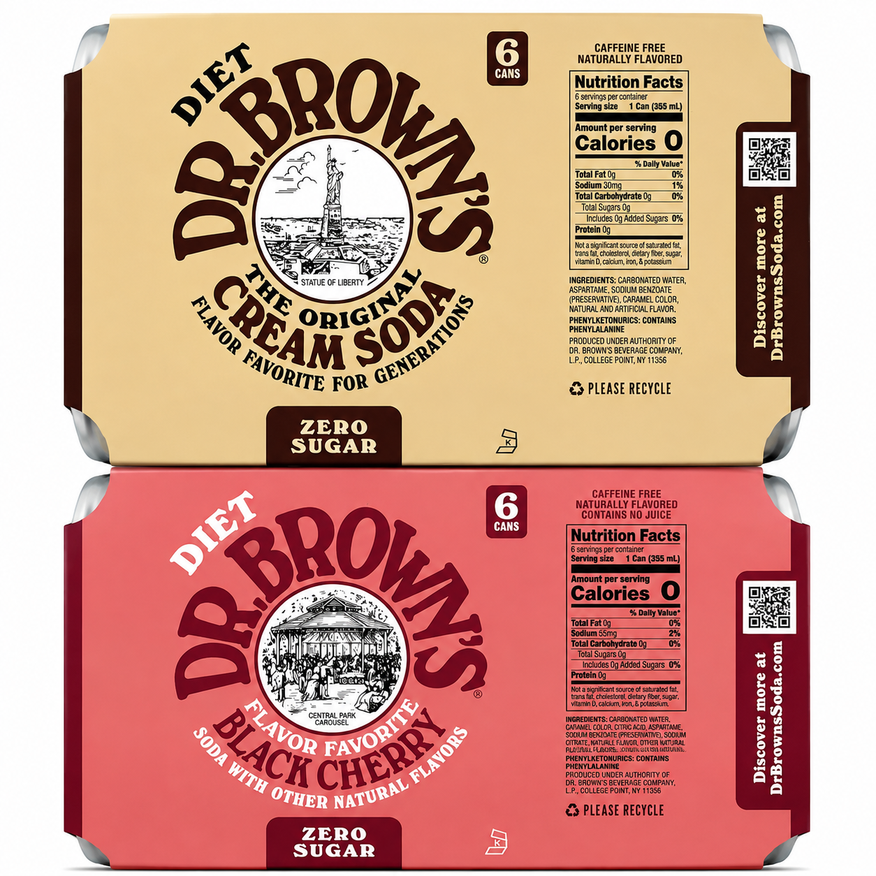 Dr. Browns Soda 2 Variety (6) Diet Cream Soda and (6) Diet Black Cherry 12 fl oz Cans