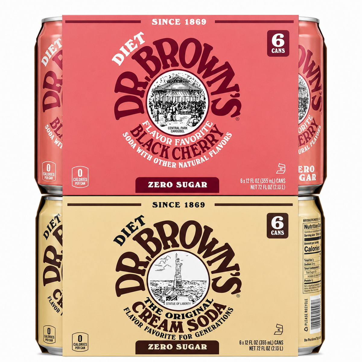 Dr. Browns Soda 2 Variety (6) Diet Cream Soda and (6) Diet Black Cherry 12 fl oz Cans