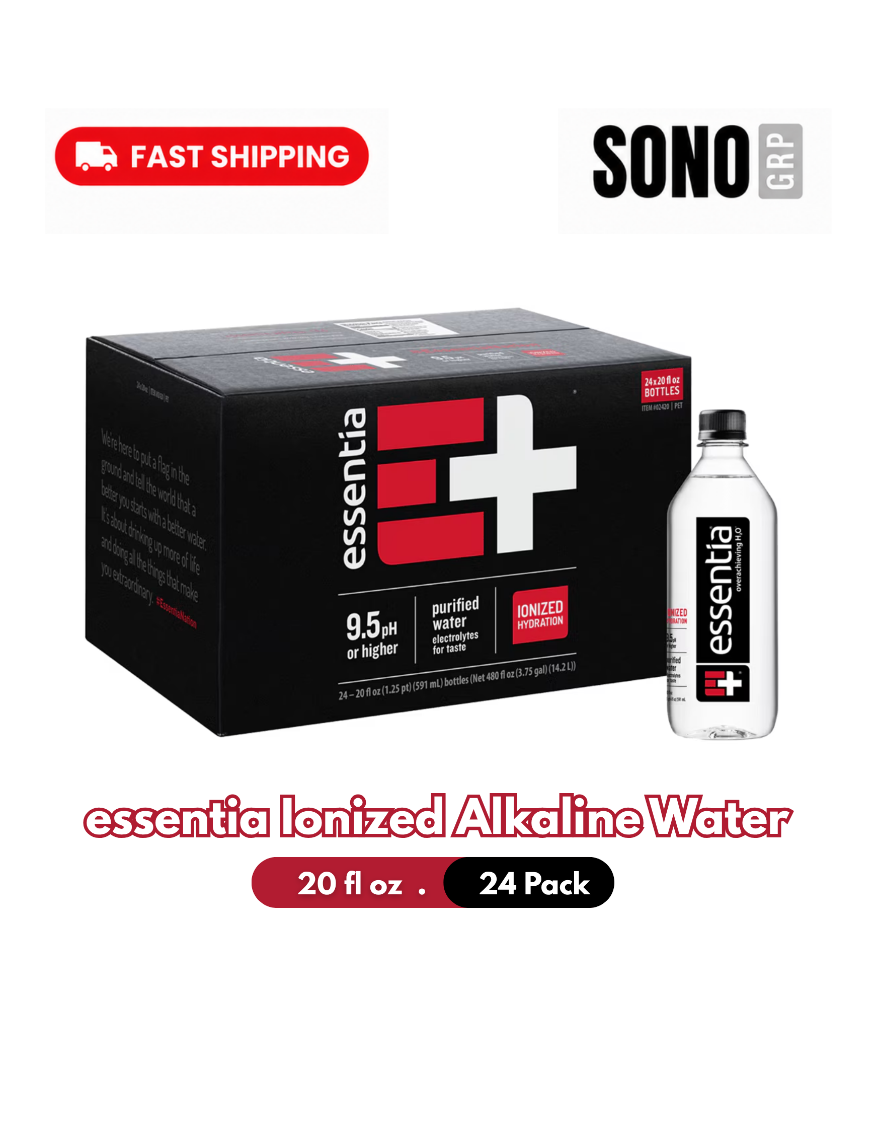 Essentia Ionized Alkaline Water, 20 fl oz Bottles (Pack of 24)