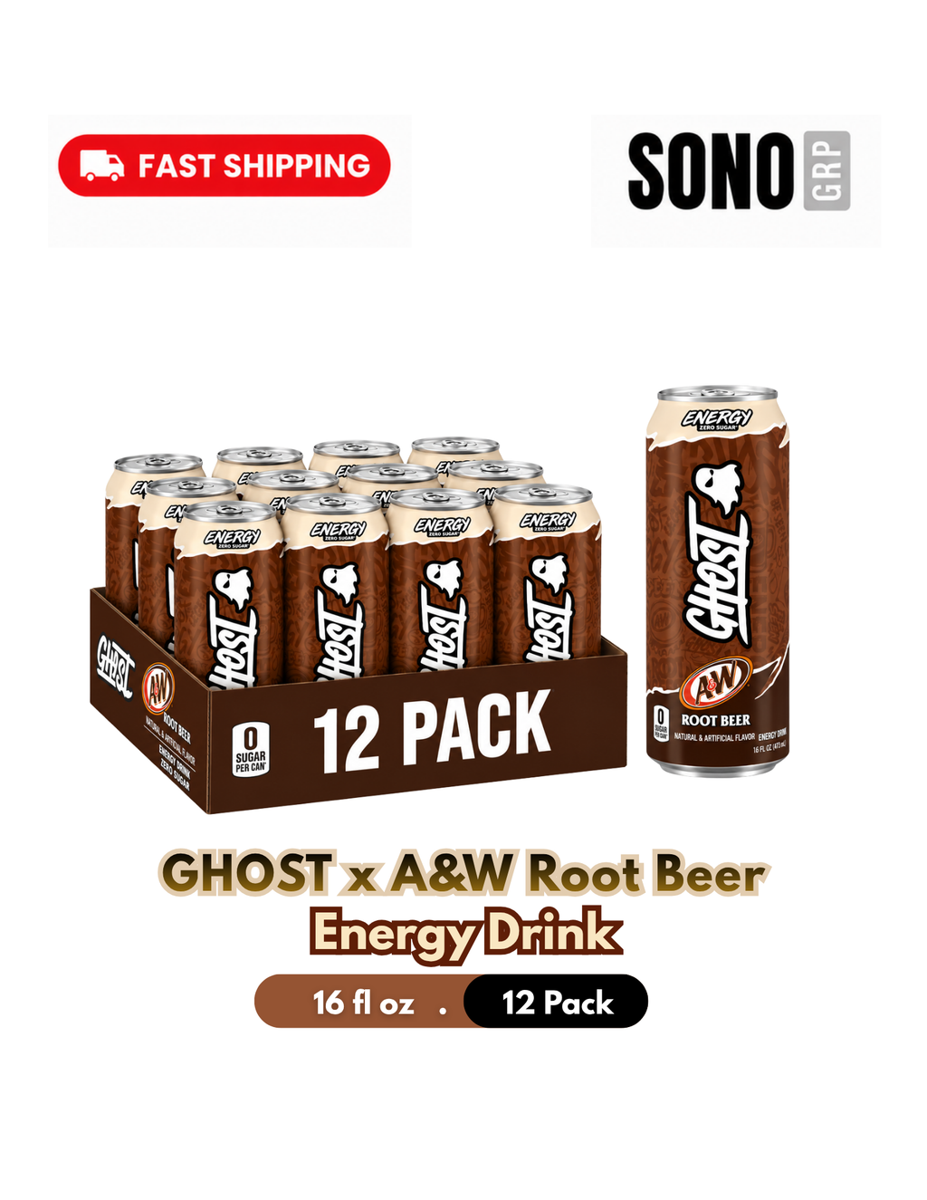 Ghost x A&W Energy Drink, 16 Fl Oz Pack of 12