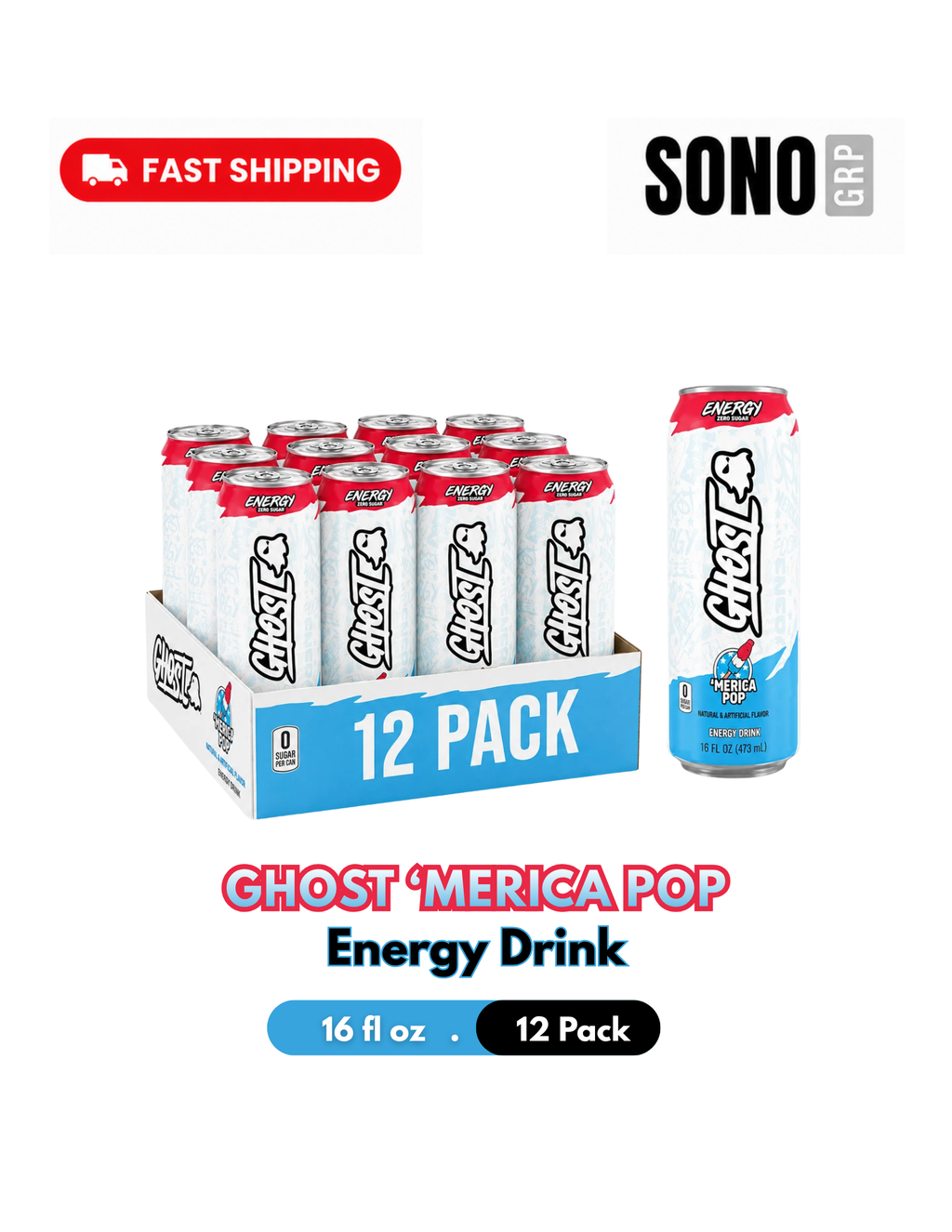 Ghost Energy Drink 'Merica POP, 16 Fl Oz Pack of 12