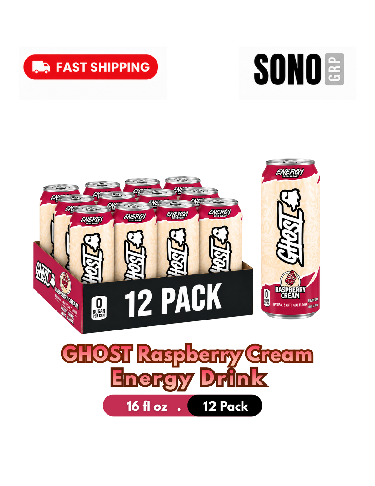 Ghost Raspberry Cream , 16 Fl Oz Pack of 12