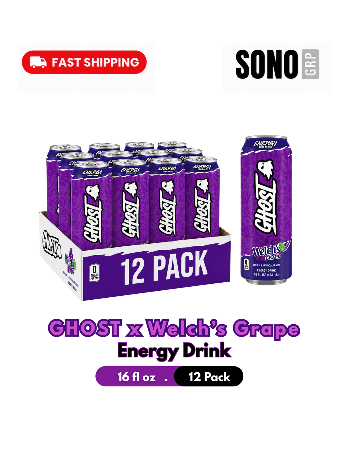 Ghost x Welch's Grape Energy Drink, 16 Fl Oz Pack of 12