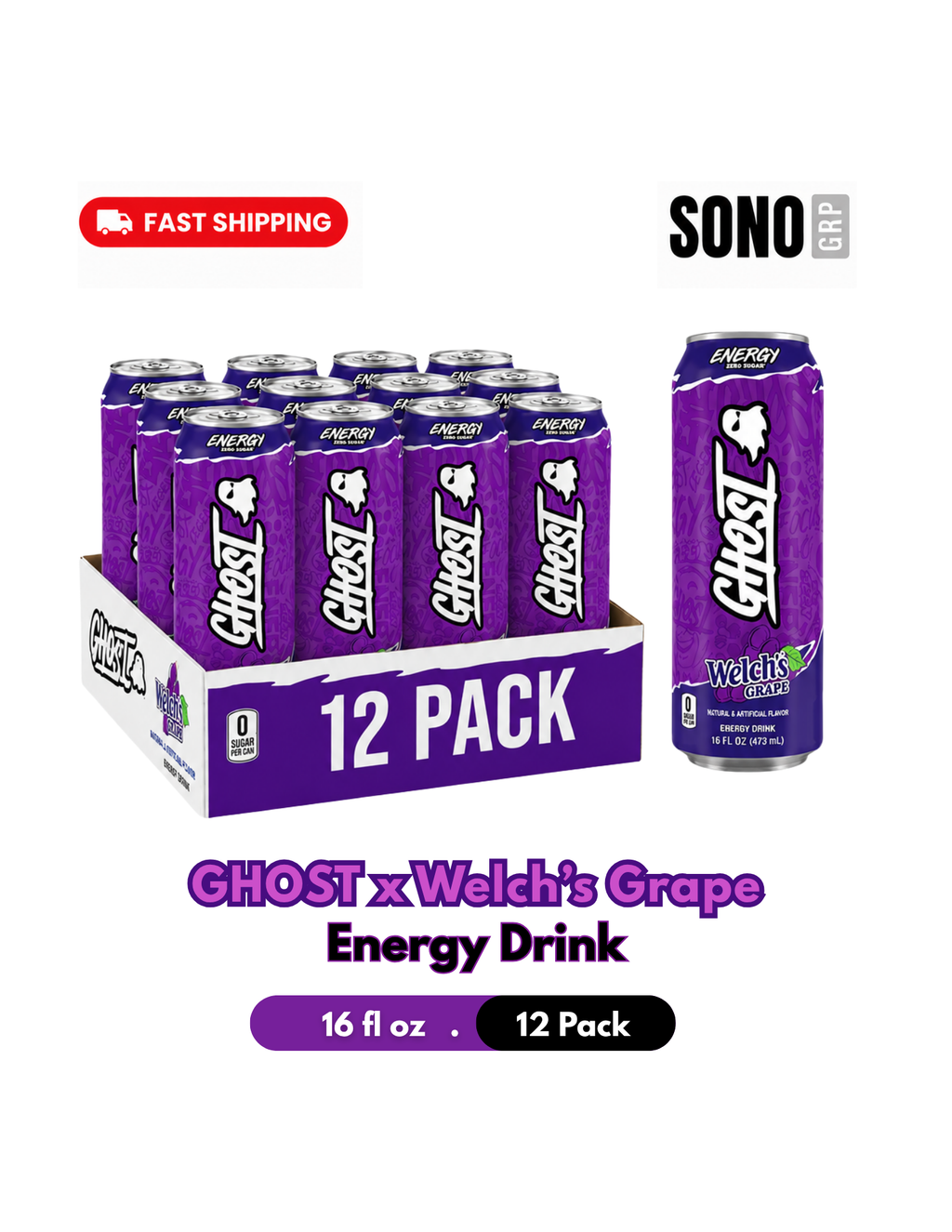 Ghost x Welch's Grape Energy Drink, 16 Fl Oz Pack of 12