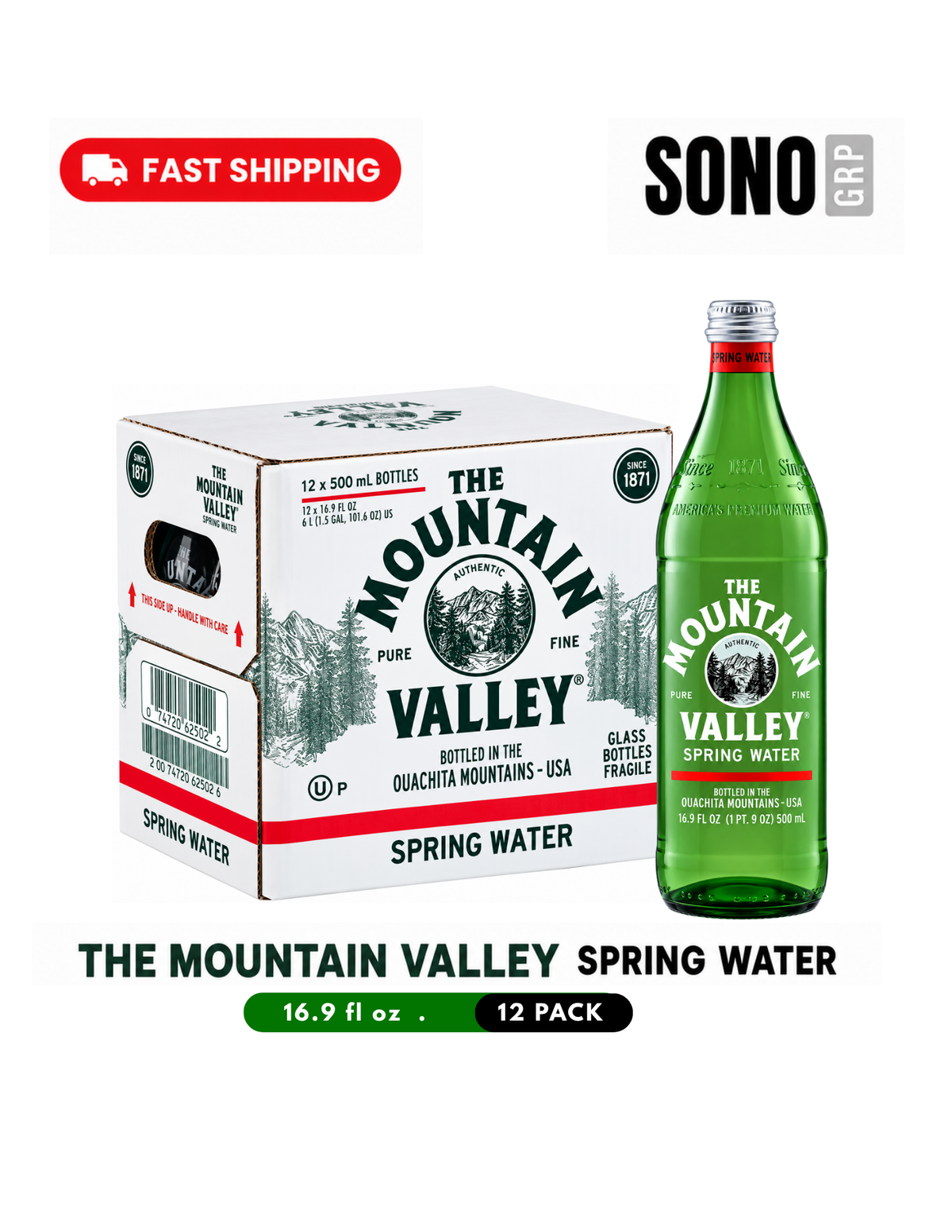 Mountain Valley Spring Water, 16.9 fl oz (500ml) Glass Bottles