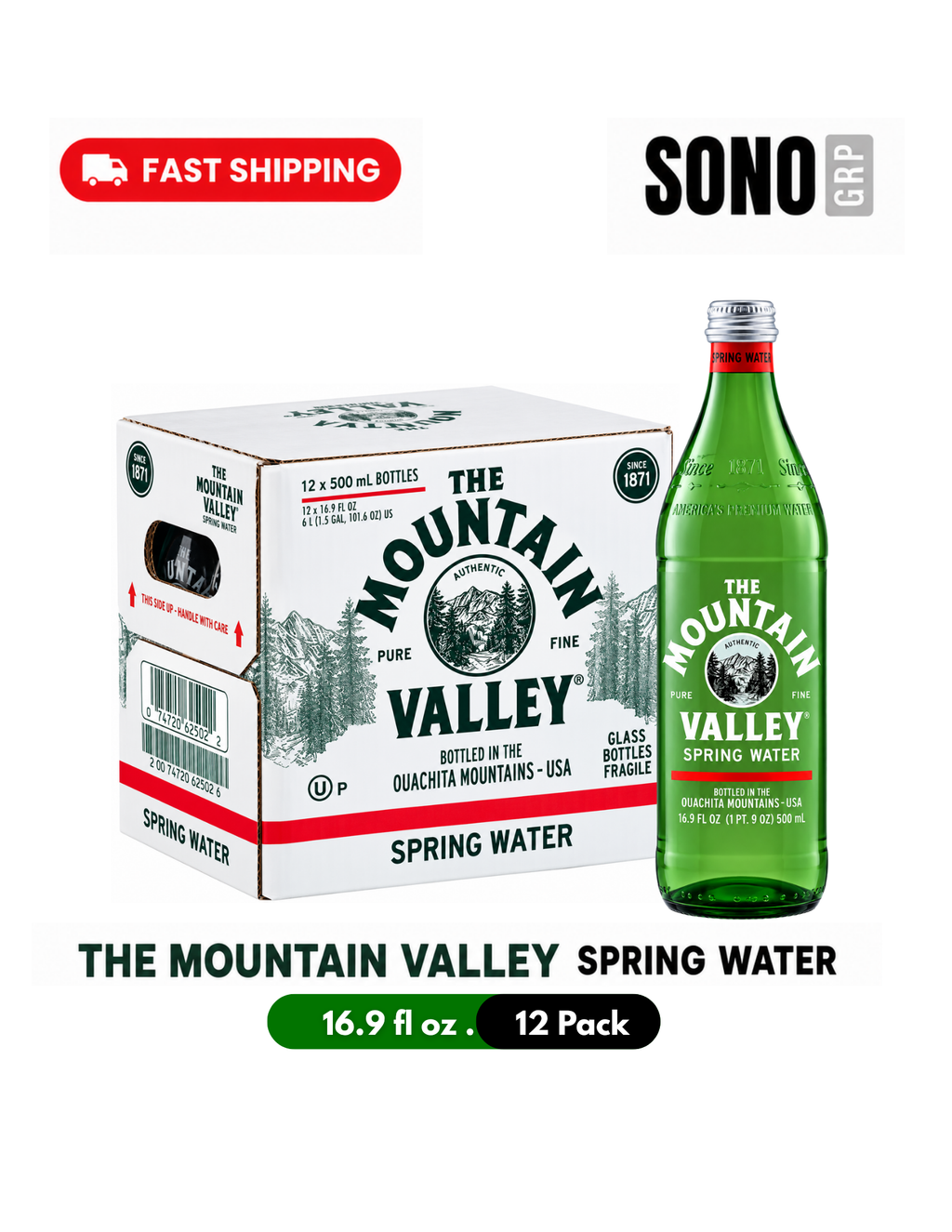 Mountain Valley Spring Water, 16.9 fl oz (500ml) Glass Bottles