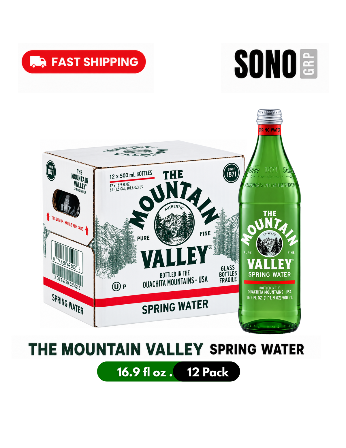 Mountain Valley Spring Water, 16.9 fl oz (500ml) Glass Bottles