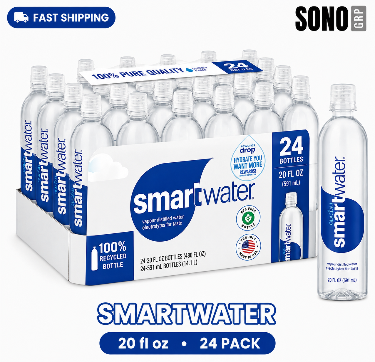 GLACEAU smartwater vapor distilled premium water bottles, 20 fl oz, 24 Pack