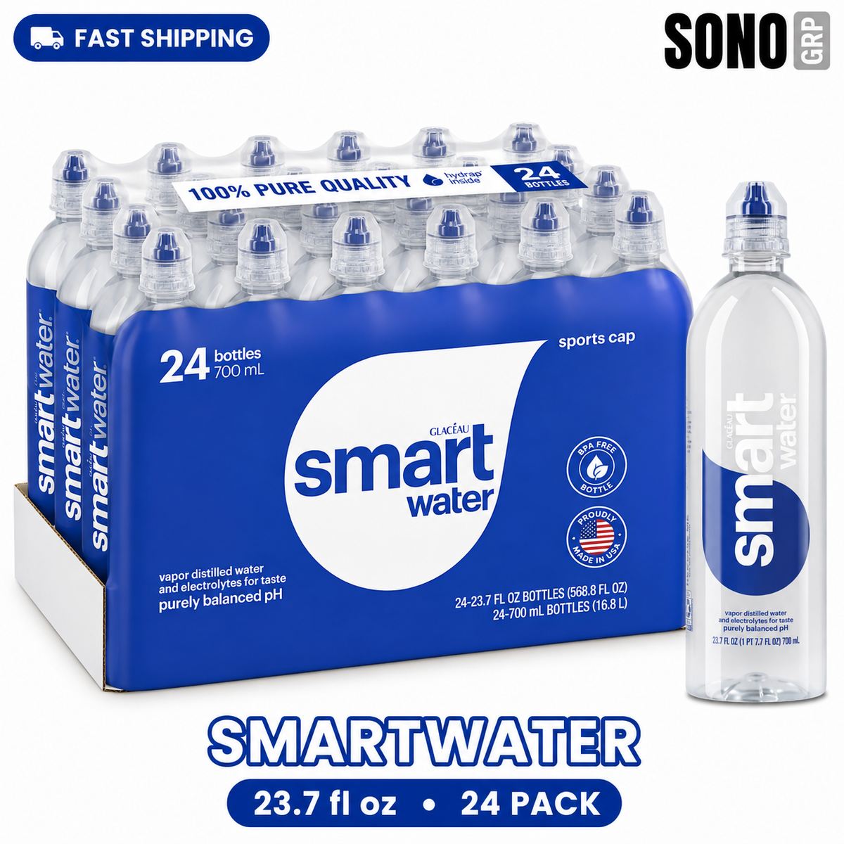 GLACEAU Smart Water Sports Cap, 700ml, 24 Pack, 23.7 Fl Ounce (Pack of 24)