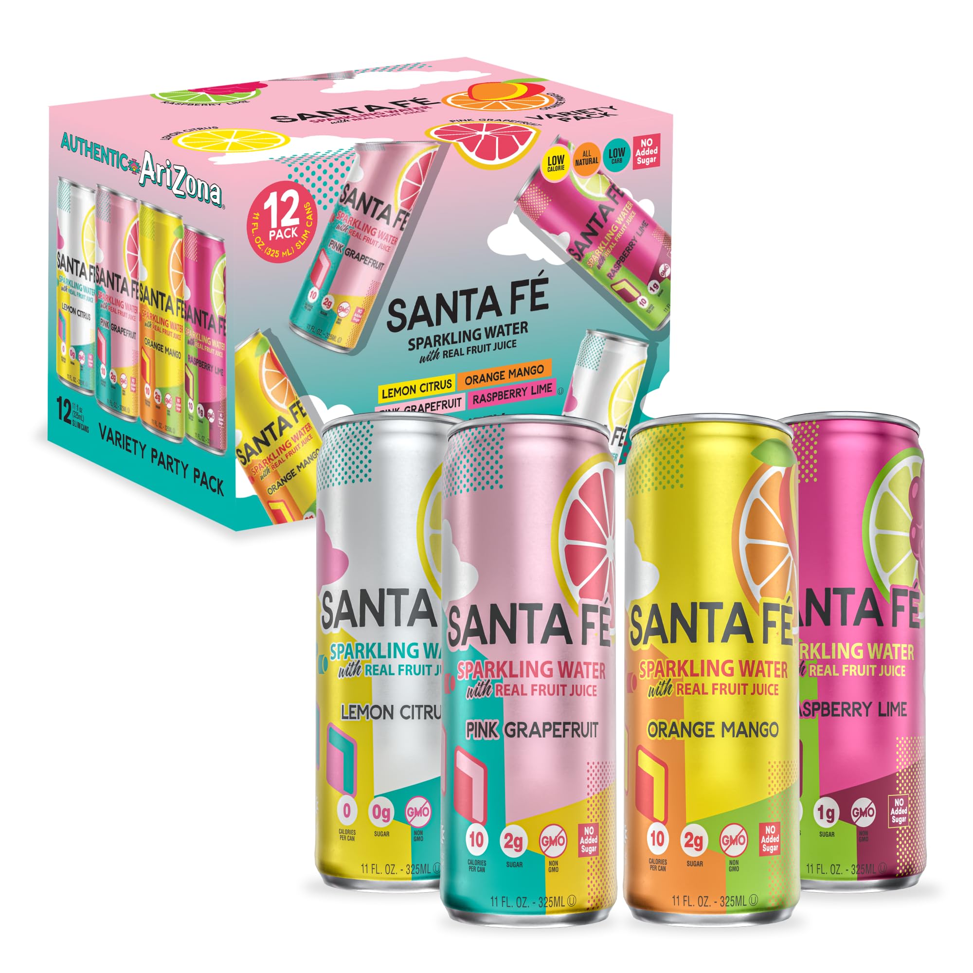 Arizona Santa Fe Sparkling Water with Real Fruit Juice, 11 fl oz Can, 4 Flavor Variety Pack - Lemon Citrus, Raspberry Lime, Pink Grapefruit, Orange Mango - NO Added Sugar (Pack of 12)