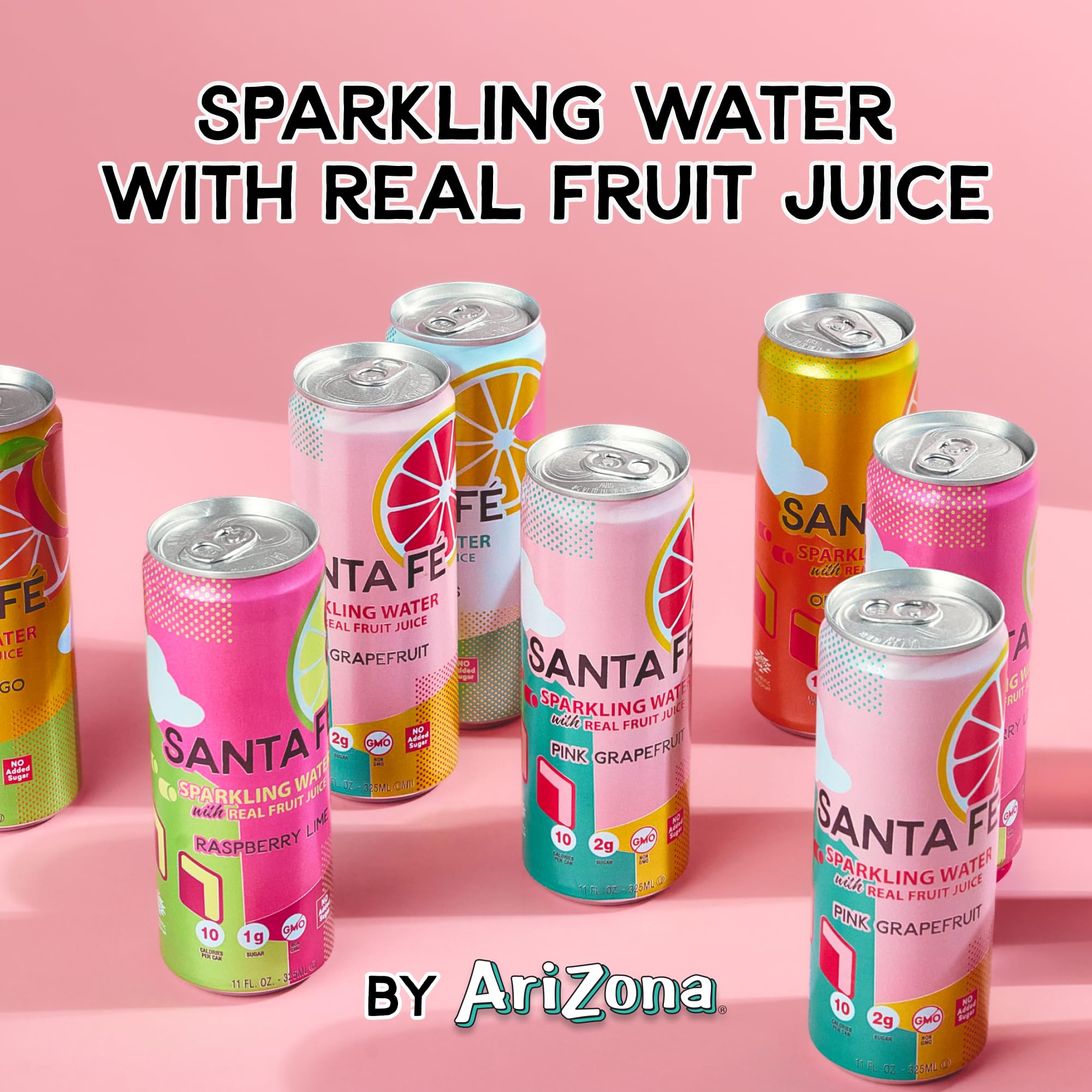 Arizona Santa Fe Sparkling Water with Real Fruit Juice, 11 fl oz Can, 4 Flavor Variety Pack - Lemon Citrus, Raspberry Lime, Pink Grapefruit, Orange Mango - NO Added Sugar (Pack of 12)